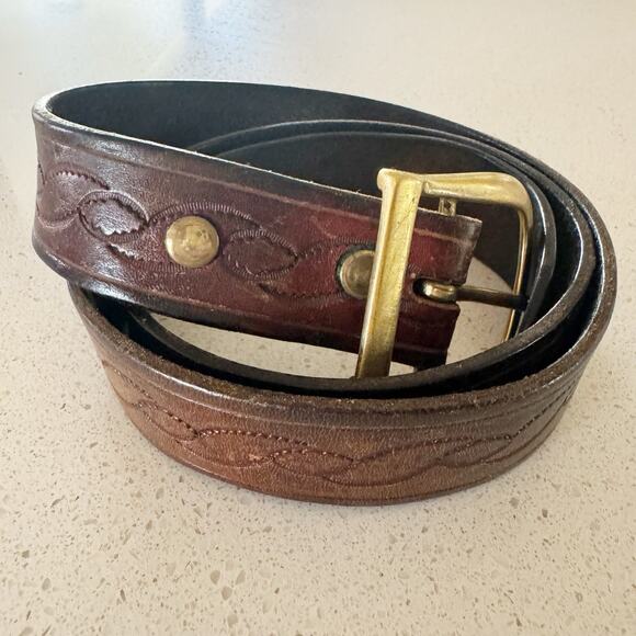 Men’s Size 35” Brown Leather Belt Tooled Gold Tone Buckle - Picture 1 of 7